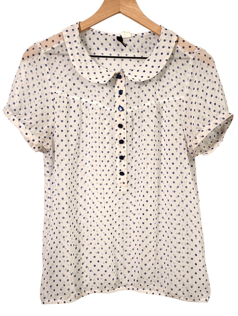 Vintage-inspired Blouse Peter Pan Collar Navy Polka Dots Half-Placket Front